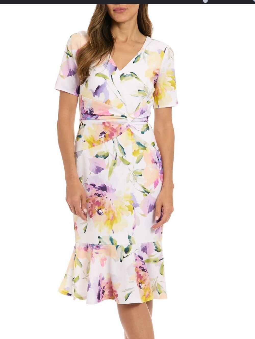 London Times NWT 14W Floral Ruched V Neck Ruffle Hem Midi Dress $109